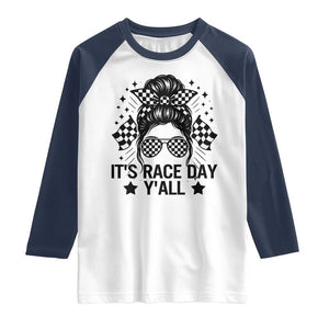 Racing Checkered Flag Messy Bun Race Day Raglan Shirt TS14 White Navy Print Your Wear