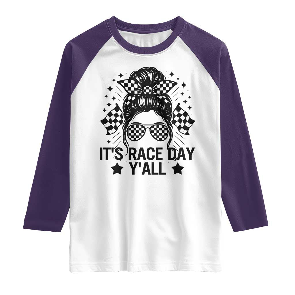 Racing Checkered Flag Messy Bun Race Day Raglan Shirt TS14 White Purple Print Your Wear