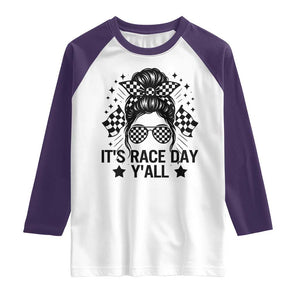 Racing Checkered Flag Messy Bun Race Day Raglan Shirt TS14 White Purple Print Your Wear