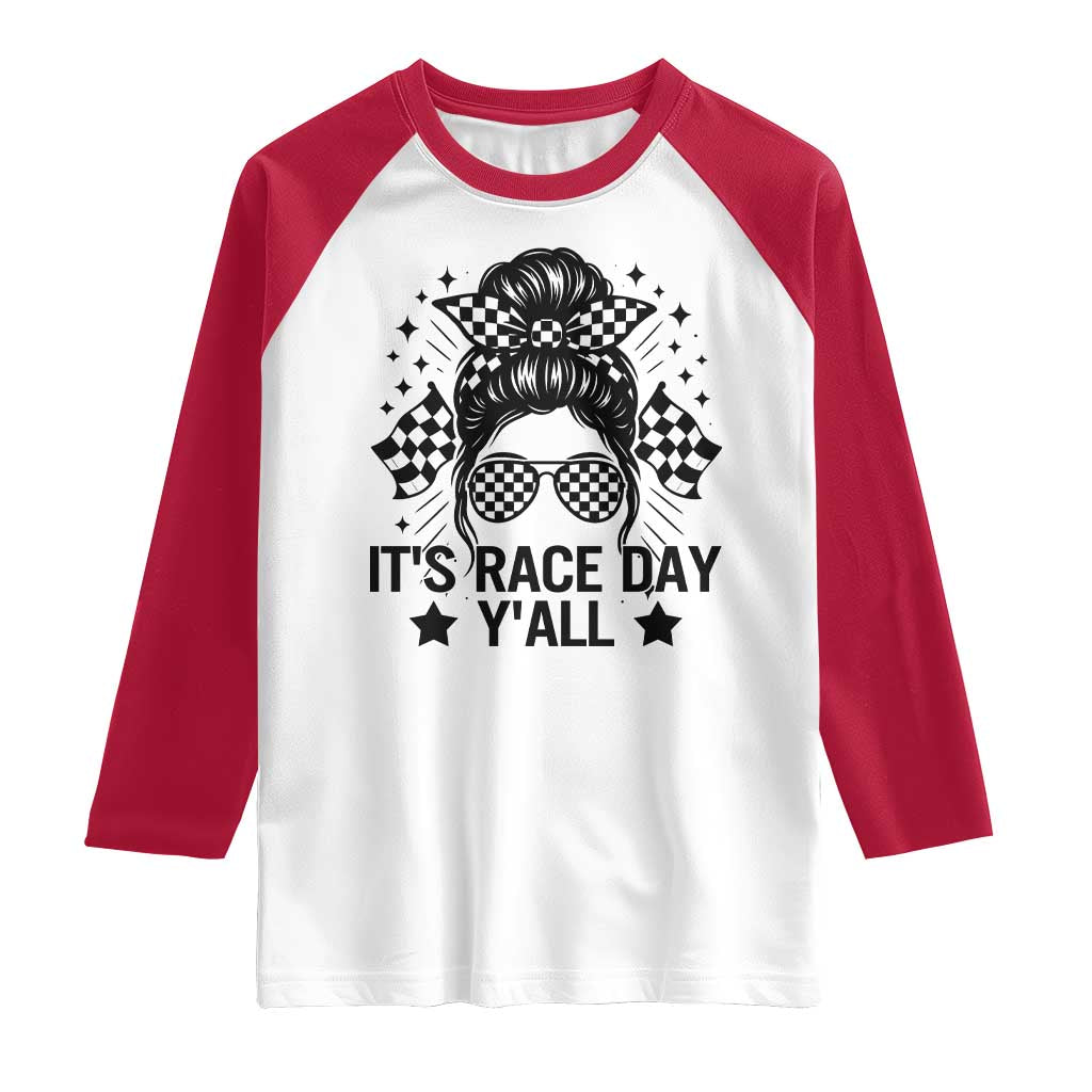 Racing Checkered Flag Messy Bun Race Day Raglan Shirt TS14 White Red Print Your Wear