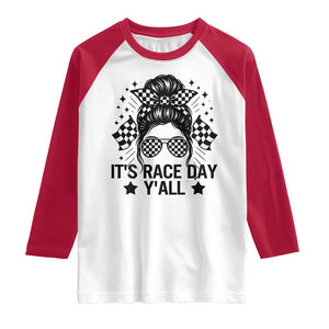 Racing Checkered Flag Messy Bun Race Day Raglan Shirt TS14 White Red Print Your Wear