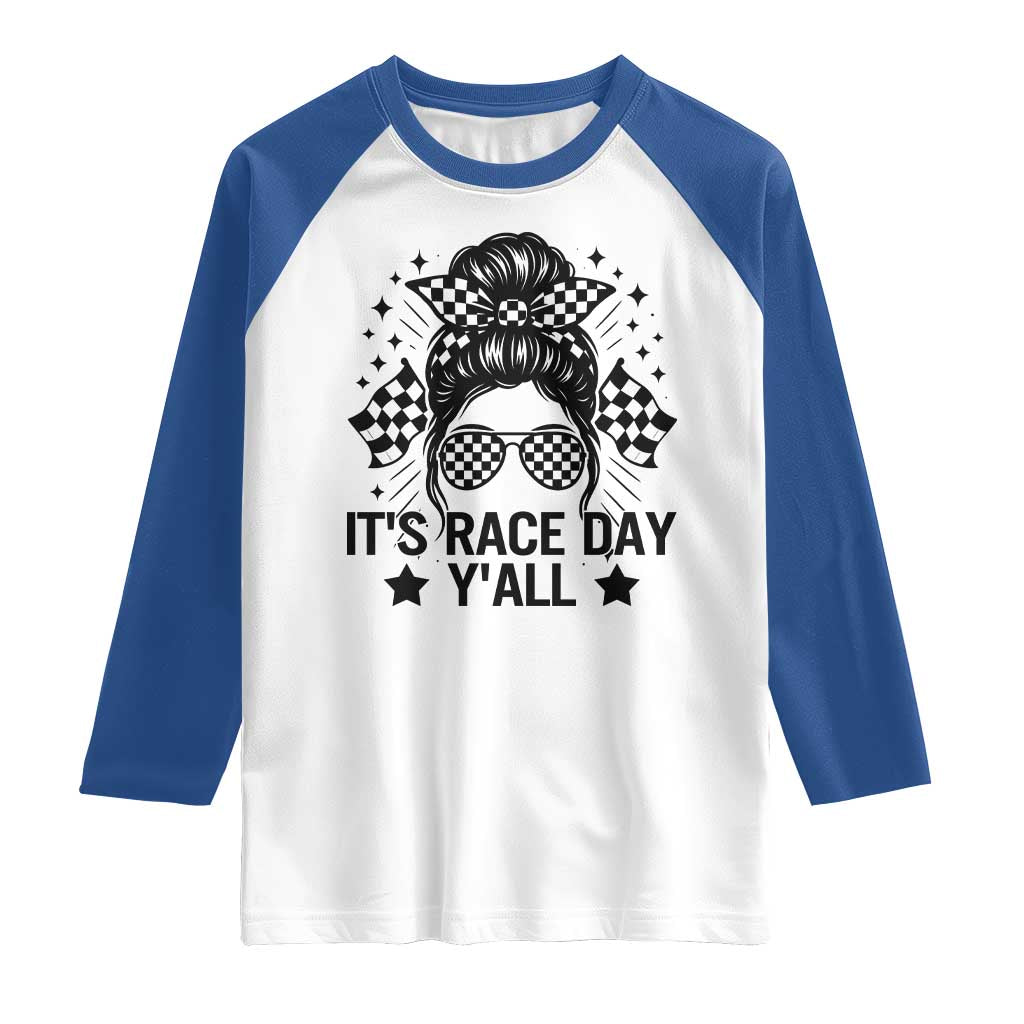 Racing Checkered Flag Messy Bun Race Day Raglan Shirt TS14 White Royal Print Your Wear