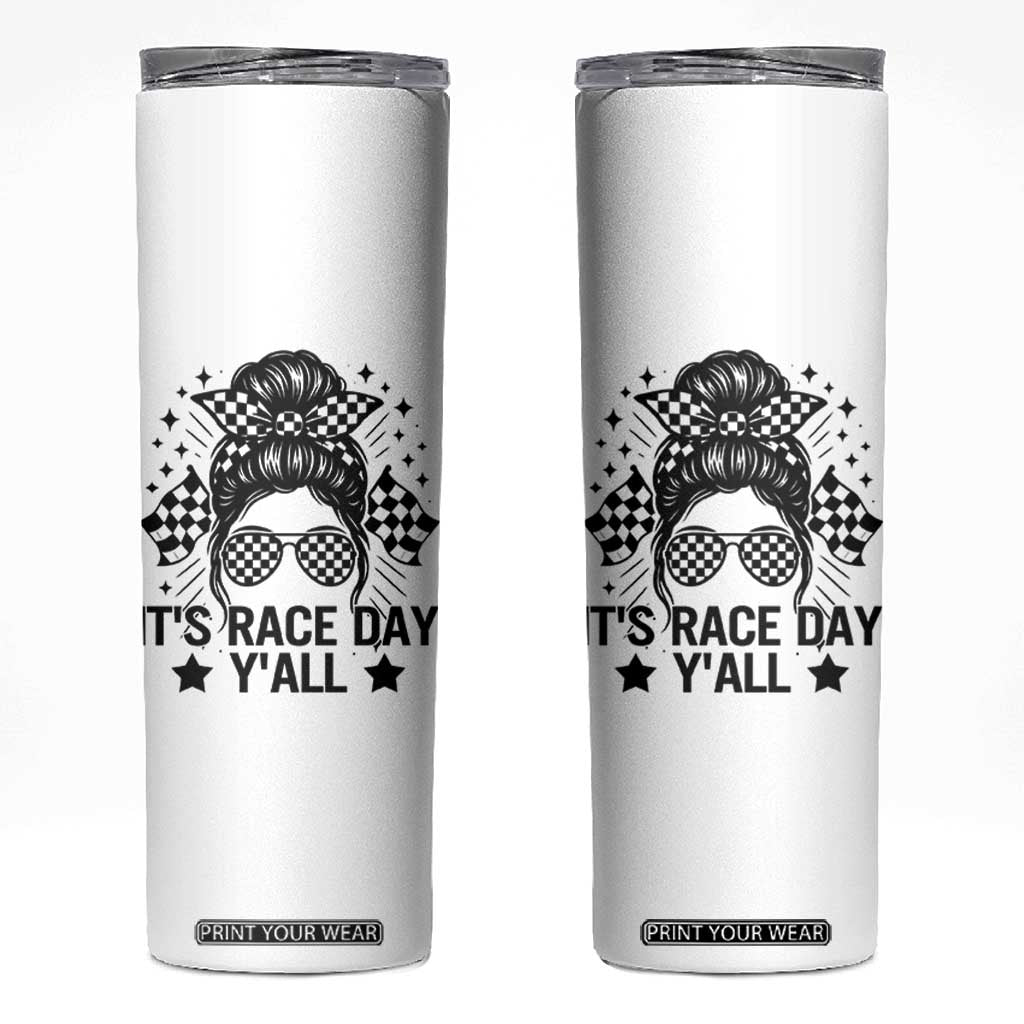 Racing Checkered Flag Messy Bun Race Day Skinny Tumbler TS14 White Print Your Wear