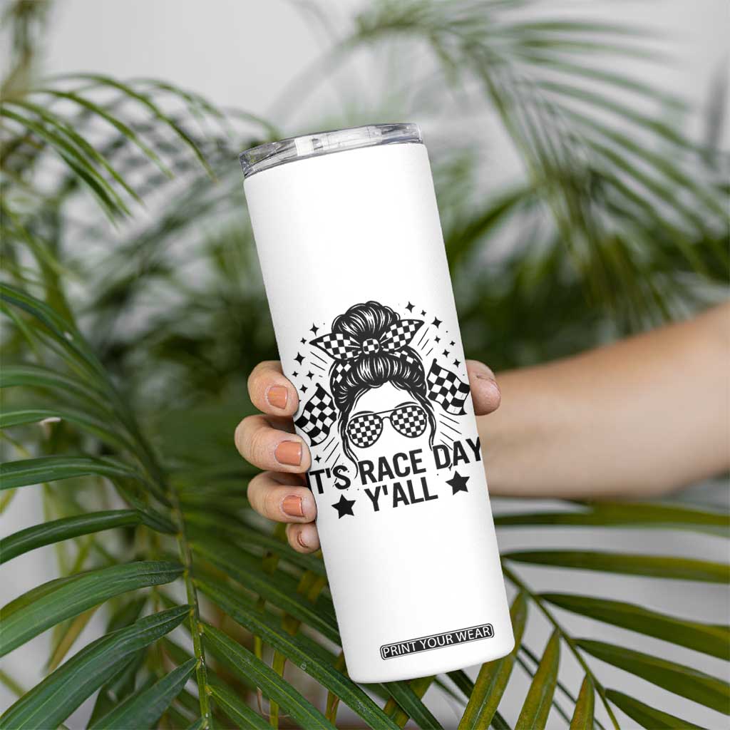 Racing Checkered Flag Messy Bun Race Day Skinny Tumbler TS14 Print Your Wear