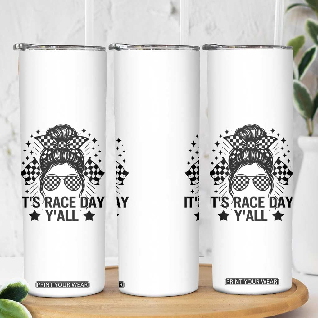 Racing Checkered Flag Messy Bun Race Day Skinny Tumbler TS14 Print Your Wear