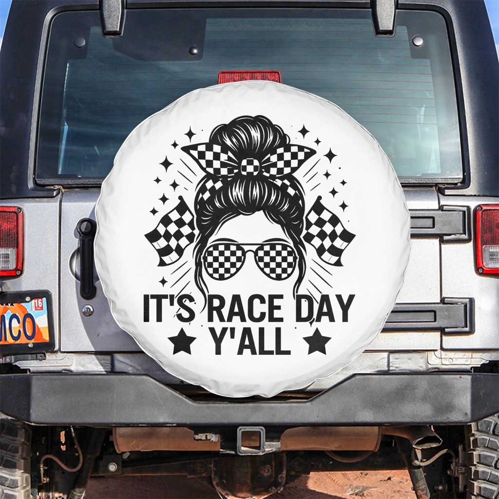 Racing Checkered Flag Messy Bun Race Day Spare Tire Cover TS14 No hole White Print Your Wear