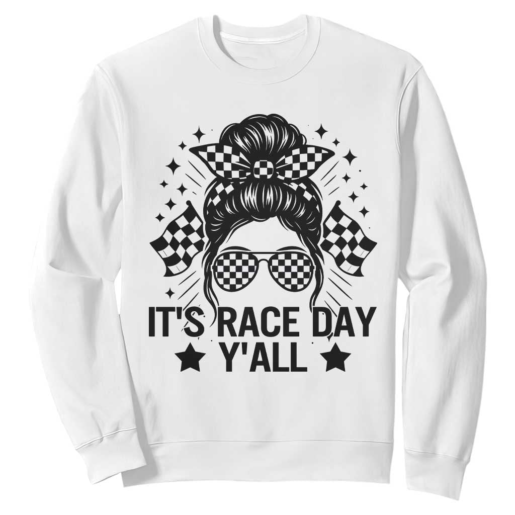 Racing Checkered Flag Messy Bun Race Day Sweatshirt TS14 White Print Your Wear