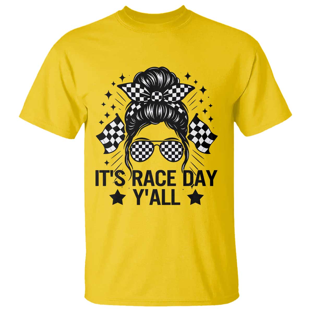Racing Checkered Flag Messy Bun Race Day T Shirt TS14 Daisy Print Your Wear