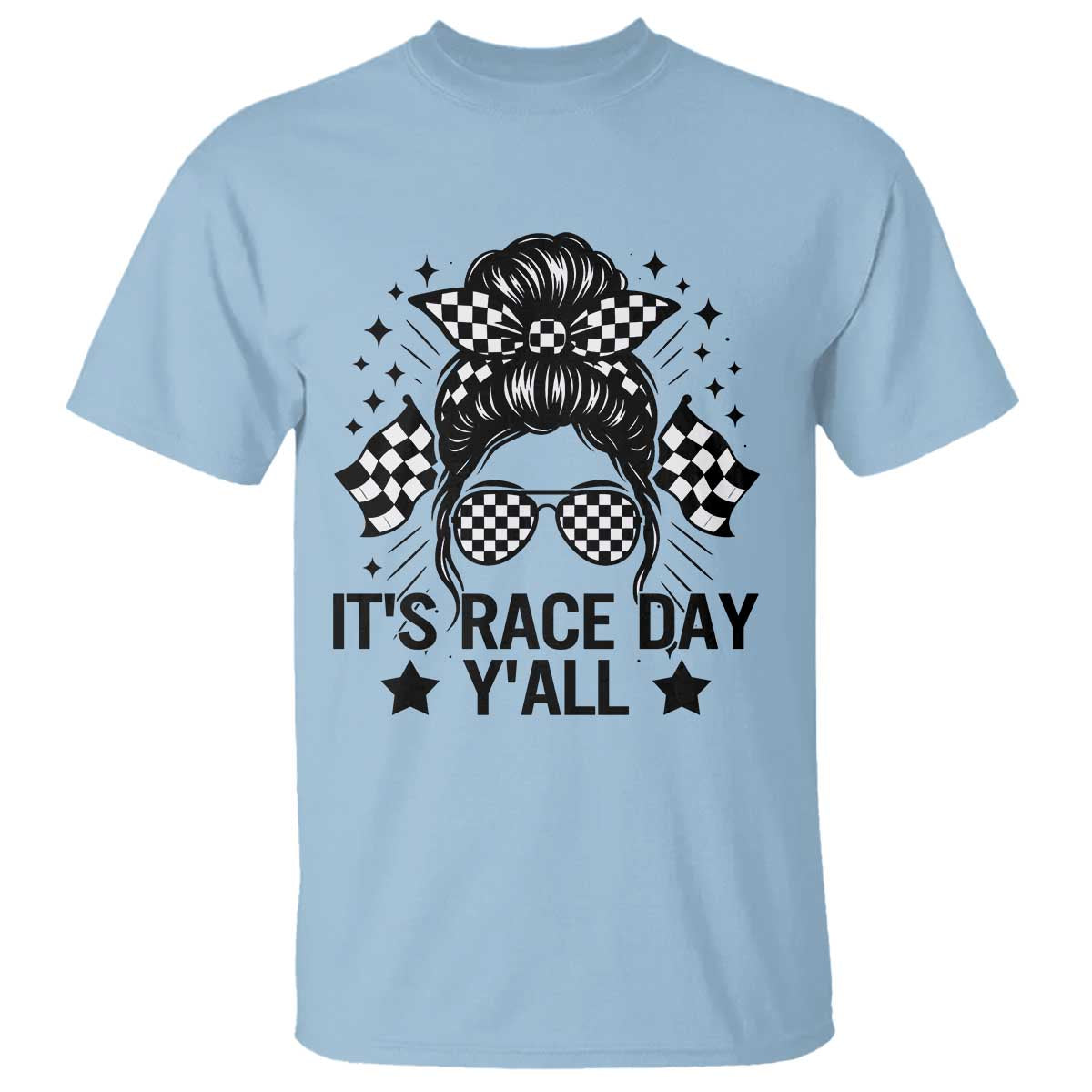 Racing Checkered Flag Messy Bun Race Day T Shirt TS14 Light Blue Print Your Wear
