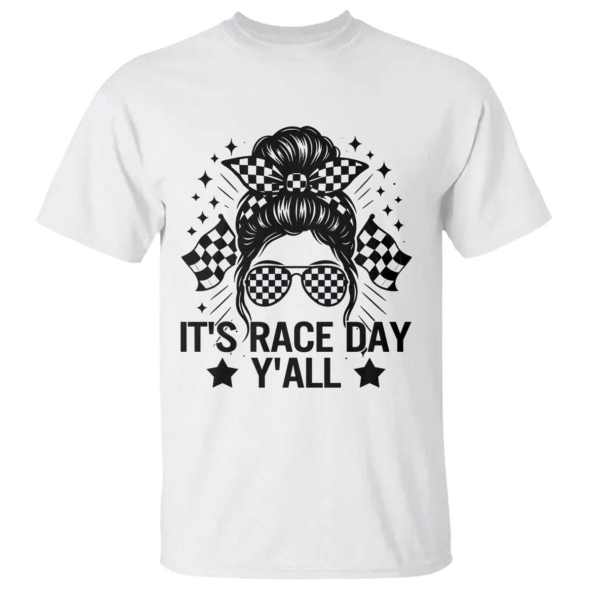 Racing Checkered Flag Messy Bun Race Day T Shirt TS14 White Print Your Wear