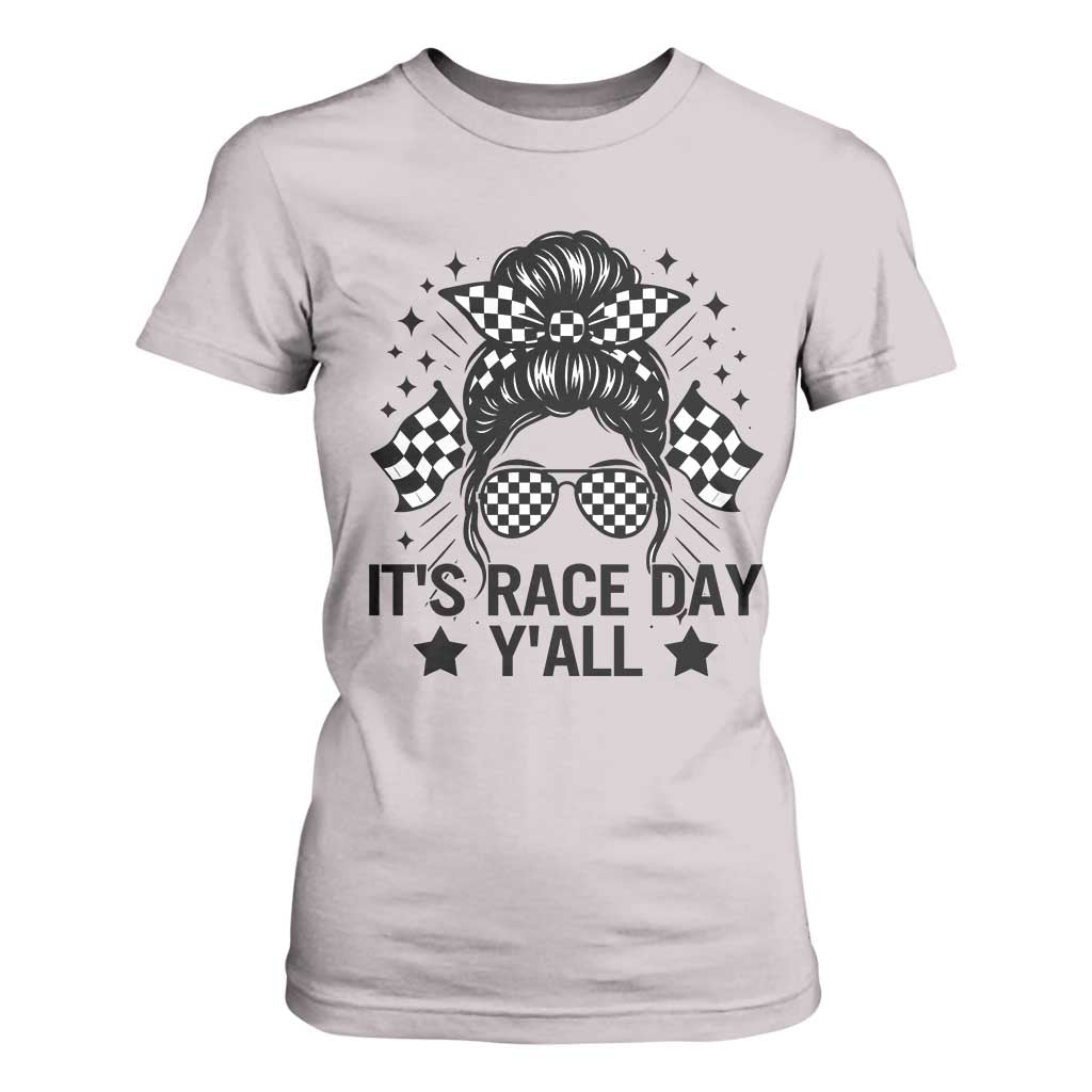 Racing Checkered Flag Messy Bun Race Day T Shirt For Women TS14 Ice Gray Print Your Wear