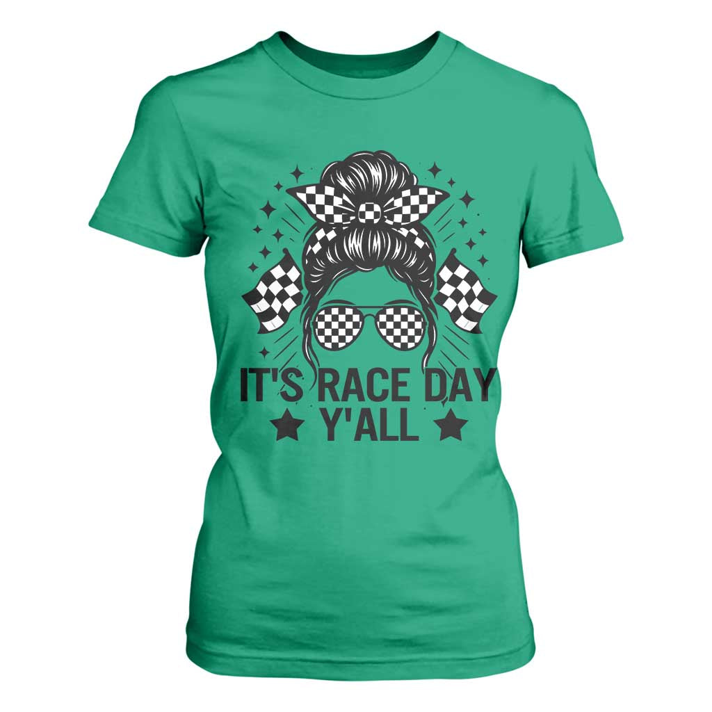 Racing Checkered Flag Messy Bun Race Day T Shirt For Women TS14 Irish Green Print Your Wear