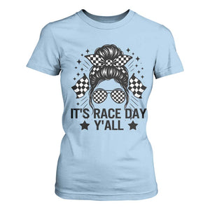 Racing Checkered Flag Messy Bun Race Day T Shirt For Women TS14 Light Blue Print Your Wear
