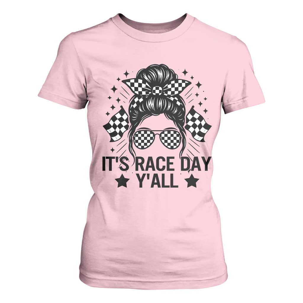 Racing Checkered Flag Messy Bun Race Day T Shirt For Women TS14 Light Pink Print Your Wear