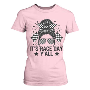 Racing Checkered Flag Messy Bun Race Day T Shirt For Women TS14 Light Pink Print Your Wear
