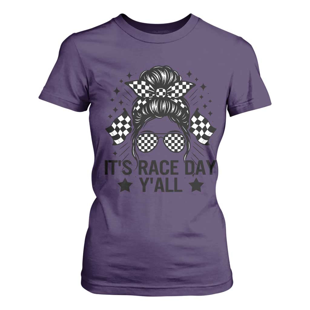 Racing Checkered Flag Messy Bun Race Day T Shirt For Women TS14 Purple Print Your Wear