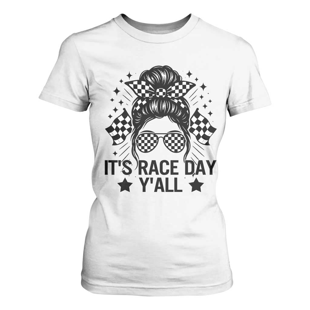 Racing Checkered Flag Messy Bun Race Day T Shirt For Women TS14 White Print Your Wear