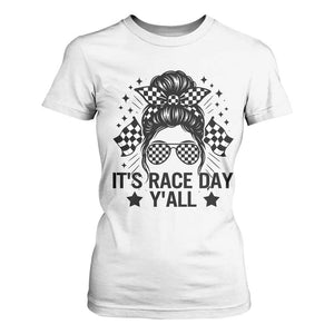 Racing Checkered Flag Messy Bun Race Day T Shirt For Women TS14 White Print Your Wear