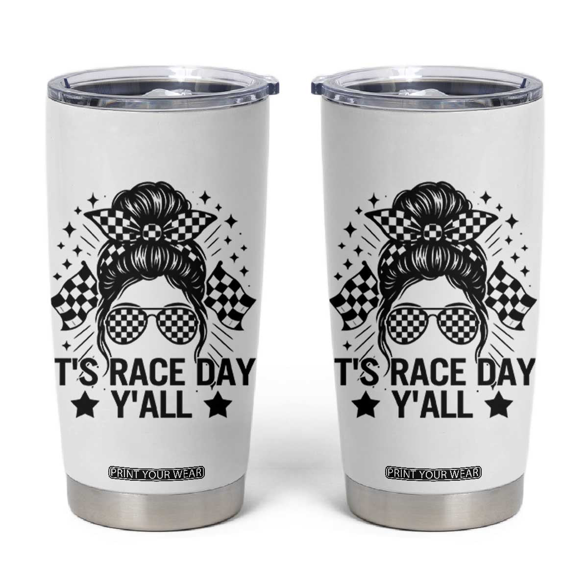 Racing Checkered Flag Messy Bun Race Day Tumbler Cup TS14 White Print Your Wear