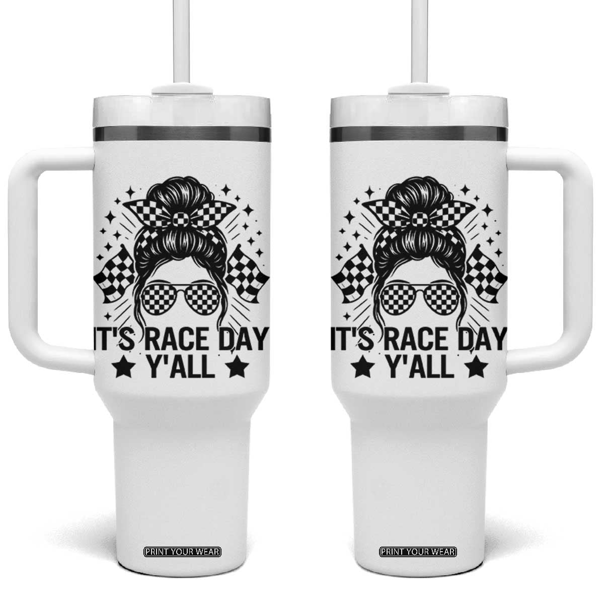 Racing Checkered Flag Messy Bun Race Day Tumbler With Handle TS14 One Size: 40 oz White Print Your Wear