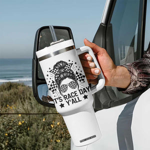 Racing Checkered Flag Messy Bun Race Day Tumbler With Handle TS14 Print Your Wear