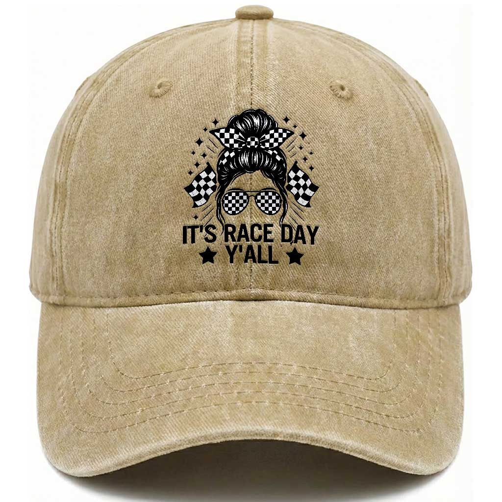 Racing Checkered Flag Messy Bun Race Day Washed Cotton Baseball Cap TS14 Washed Cap Universal Fit Khaki Print Your Wear