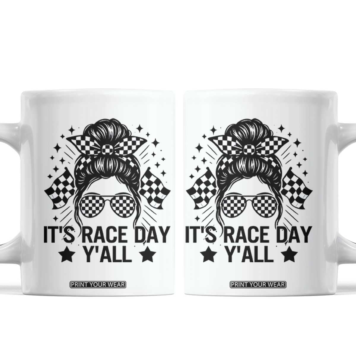 Racing Checkered Flag Messy Bun Race Day Coffee Mug TS14 White Print Your Wear