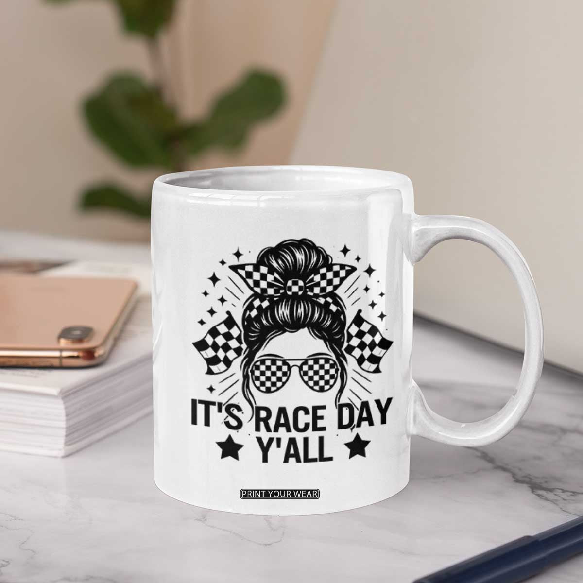 Racing Checkered Flag Messy Bun Race Day Coffee Mug TS14 Print Your Wear
