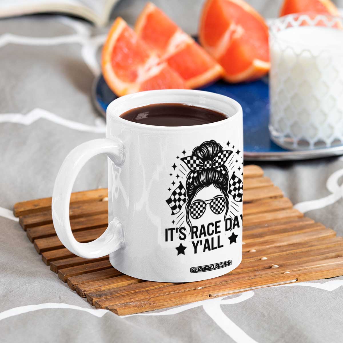 Racing Checkered Flag Messy Bun Race Day Coffee Mug TS14 Print Your Wear