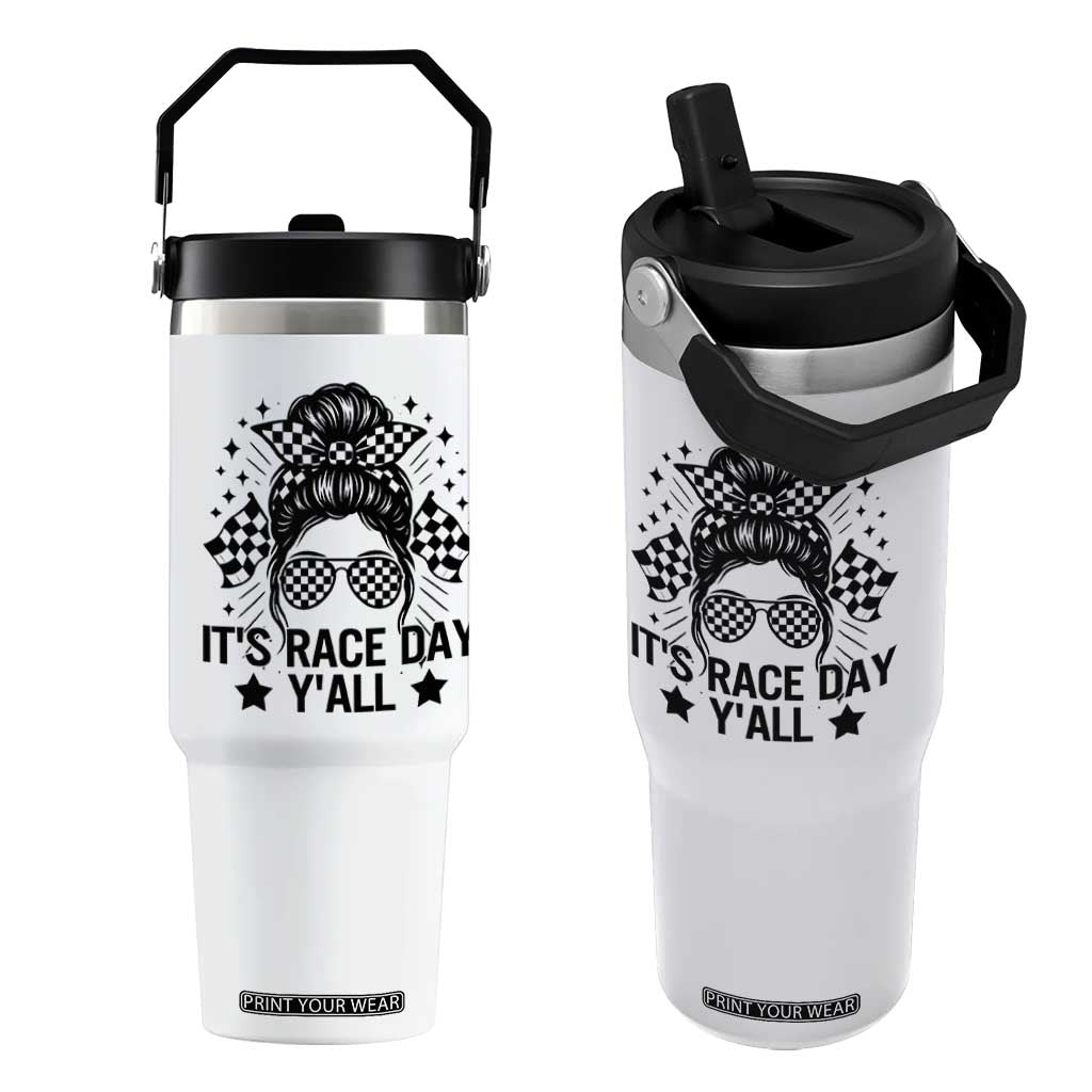 Racing Checkered Flag Messy Bun Race Day Flip Straw Tumbler TS14 One Size: 30 oz White Print Your Wear