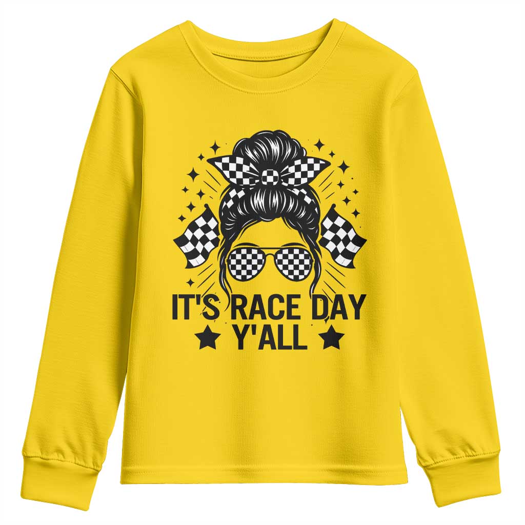 Racing Checkered Flag Messy Bun Race Day Youth Sweatshirt TS14 Daisy Print Your Wear