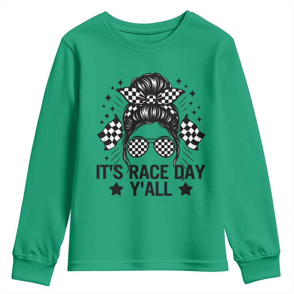 Racing Checkered Flag Messy Bun Race Day Youth Sweatshirt TS14 Irish Green Print Your Wear
