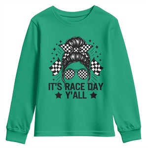Racing Checkered Flag Messy Bun Race Day Youth Sweatshirt TS14 Irish Green Print Your Wear