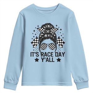 Racing Checkered Flag Messy Bun Race Day Youth Sweatshirt TS14 Light Blue Print Your Wear