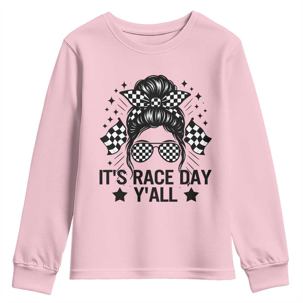 Racing Checkered Flag Messy Bun Race Day Youth Sweatshirt TS14 Light Pink Print Your Wear