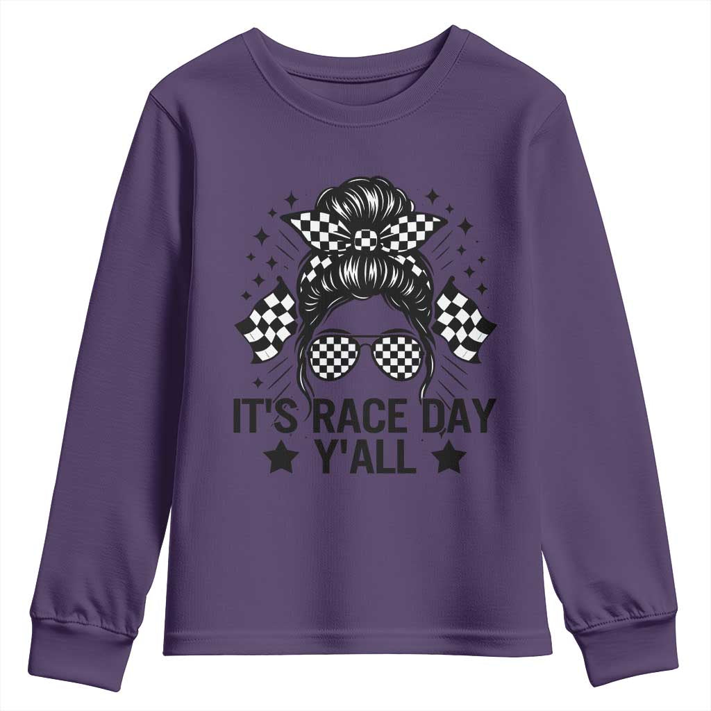Racing Checkered Flag Messy Bun Race Day Youth Sweatshirt TS14 Purple Print Your Wear
