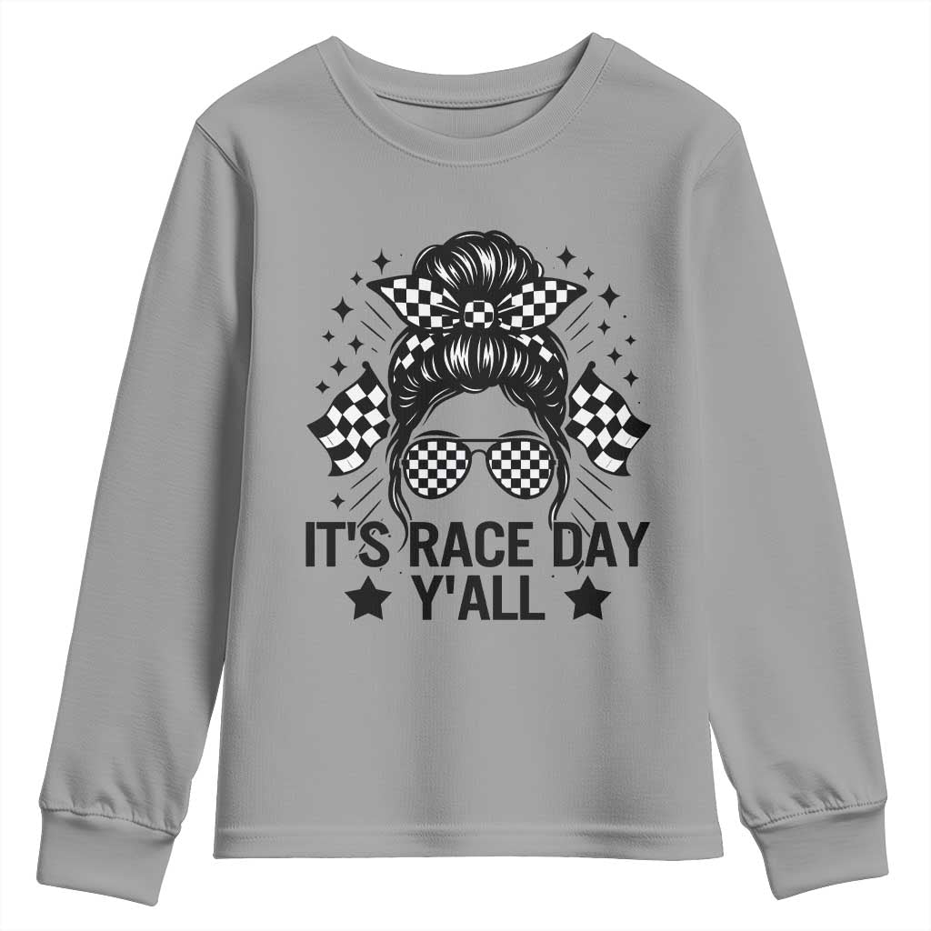 Racing Checkered Flag Messy Bun Race Day Youth Sweatshirt TS14 Sport Gray Print Your Wear