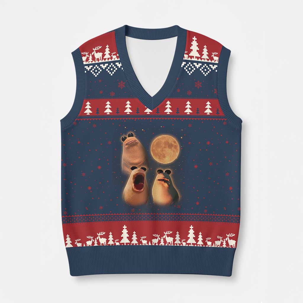 Marcus The Worm Meme V-Neck Knit Sweater Vest Funny Howling At Moon TS14 Navy Red Print Your Wear