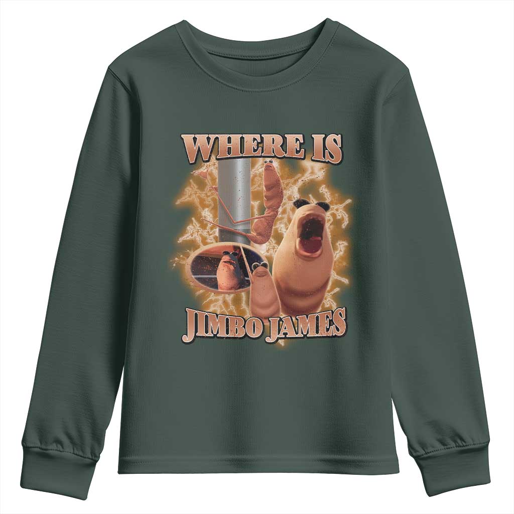 Marcus The Worm Meme Youth Sweatshirt Where Is Jimbo James TS14 Dark Forest Green Print Your Wear