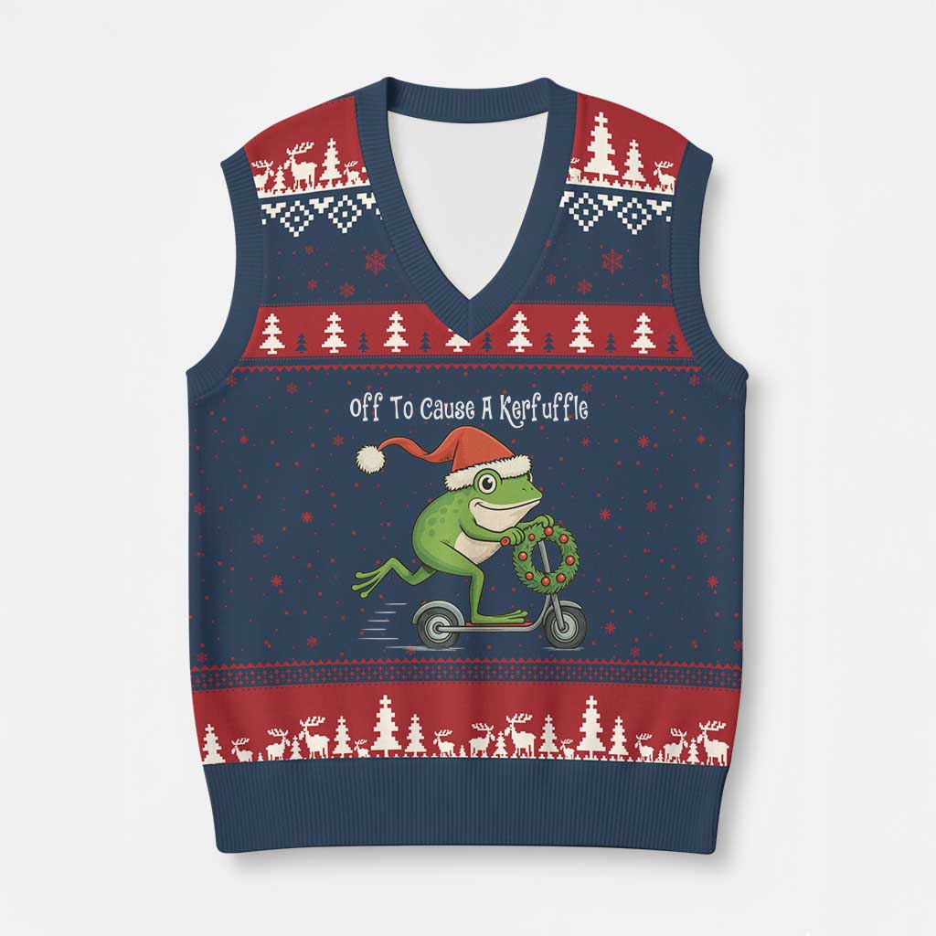Off To Cause A Kerfuffle V-Neck Knit Sweater Vest Funny Frog Xmas TS14 Navy Red Print Your Wear