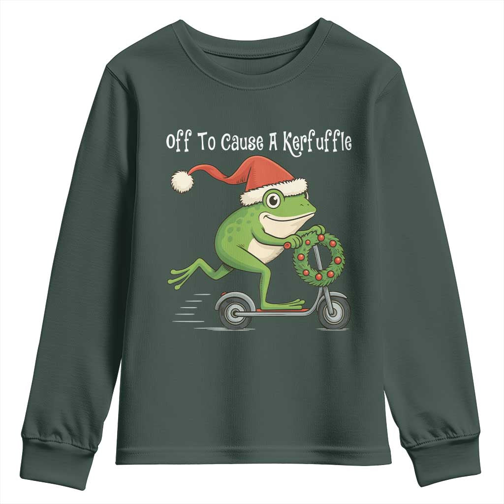 Off To Cause A Kerfuffle Youth Sweatshirt Funny Frog Christmas TS14 Dark Forest Green Print Your Wear