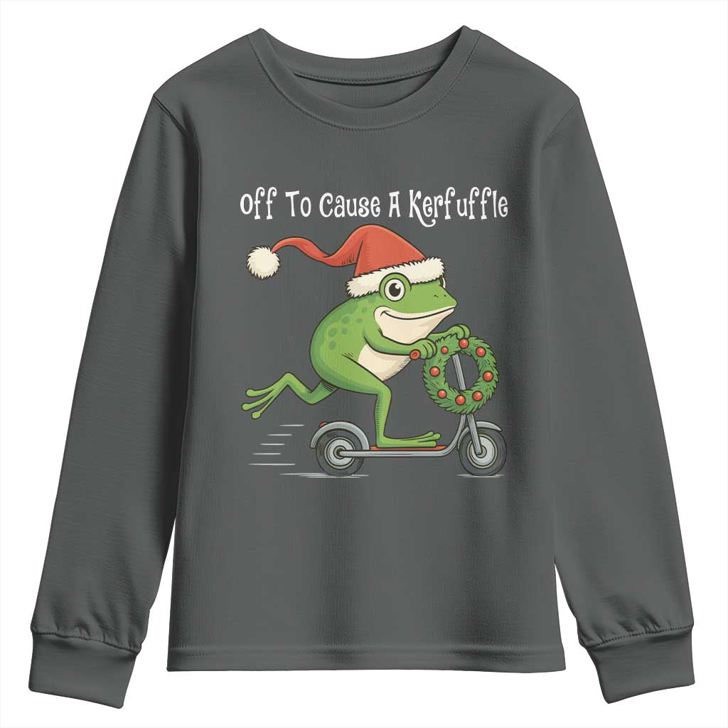 Off To Cause A Kerfuffle Youth Sweatshirt Funny Frog Christmas TS14 Dark Heather Print Your Wear