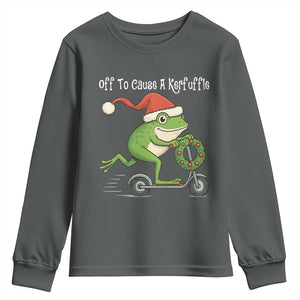 Off To Cause A Kerfuffle Youth Sweatshirt Funny Frog Christmas TS14 Dark Heather Print Your Wear