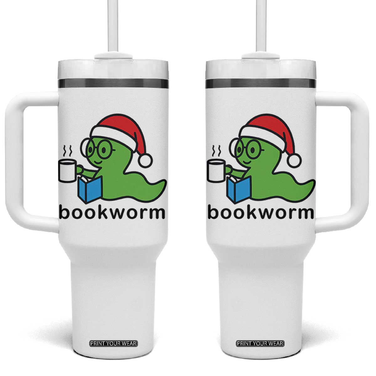 Bookworm Christmas Tumbler With Handle Reading Book Lover TS14 One Size: 40 oz White Print Your Wear