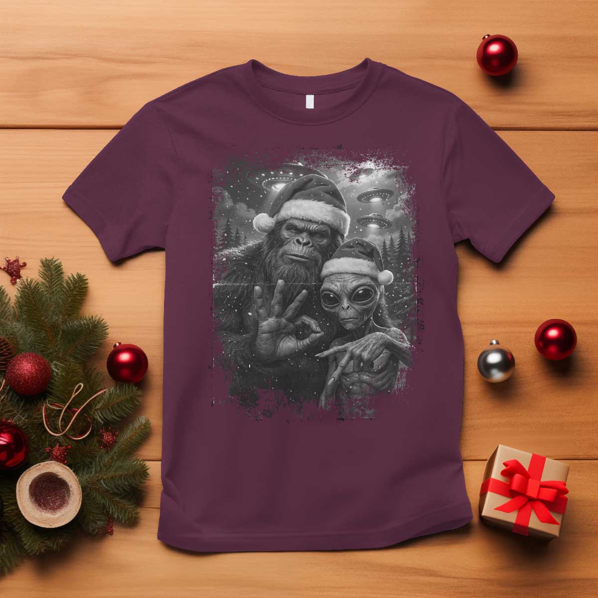 67 Six Seven Bigfoot Christmas T Shirt Sasquatch Ailen Selfie UFO Meme TS14 Maroon Print Your Wear