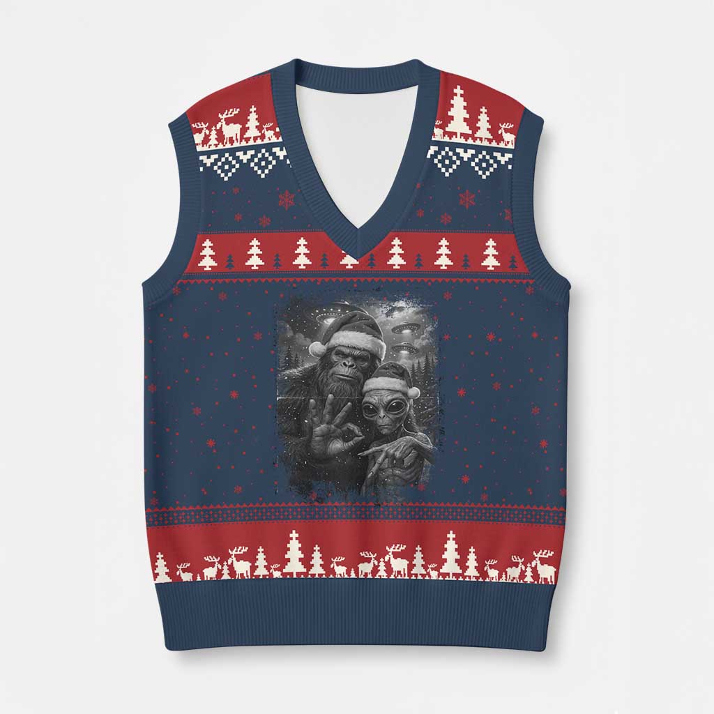 67 Six Seven Bigfoot Xmas V-Neck Knit Sweater Vest Sasquatch Ailen Selfie UFO Meme TS14 Navy Red Print Your Wear
