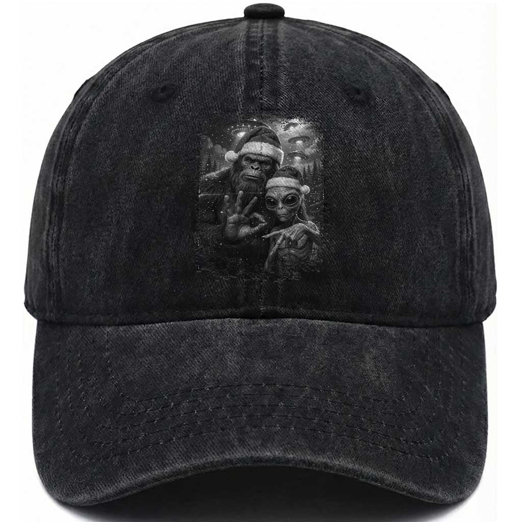 67 Six Seven Bigfoot Christmas Washed Cotton Baseball Cap Sasquatch Ailen Selfie UFO Meme TS14 Washed Cap Universal Fit Black Print Your Wear