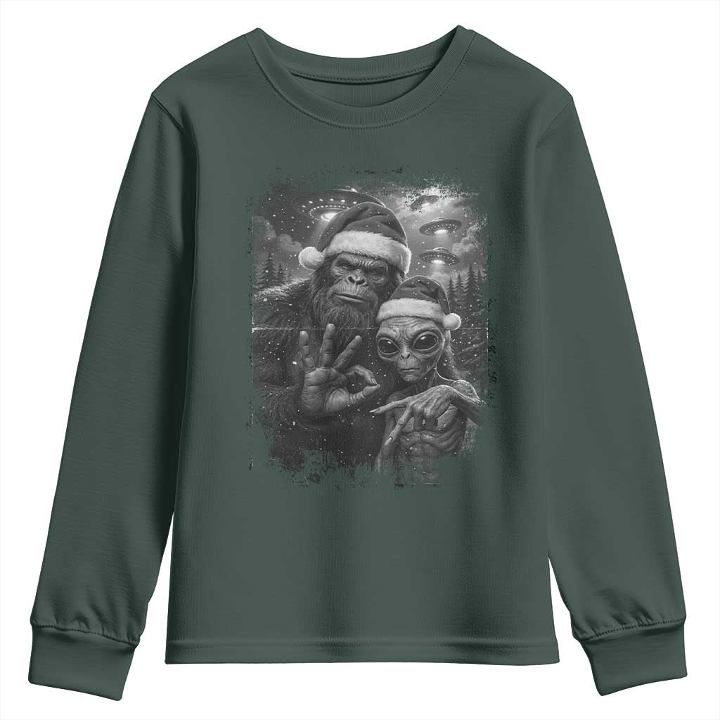 67 Six Seven Bigfoot Christmas Youth Sweatshirt Sasquatch Ailen Selfie UFO Meme TS14 Dark Forest Green Print Your Wear