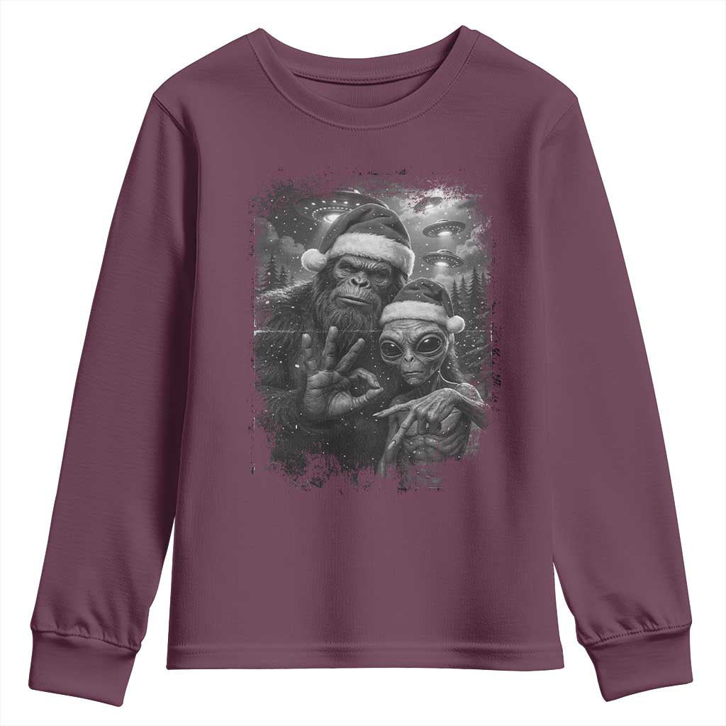 67 Six Seven Bigfoot Christmas Youth Sweatshirt Sasquatch Ailen Selfie UFO Meme TS14 Maroon Print Your Wear