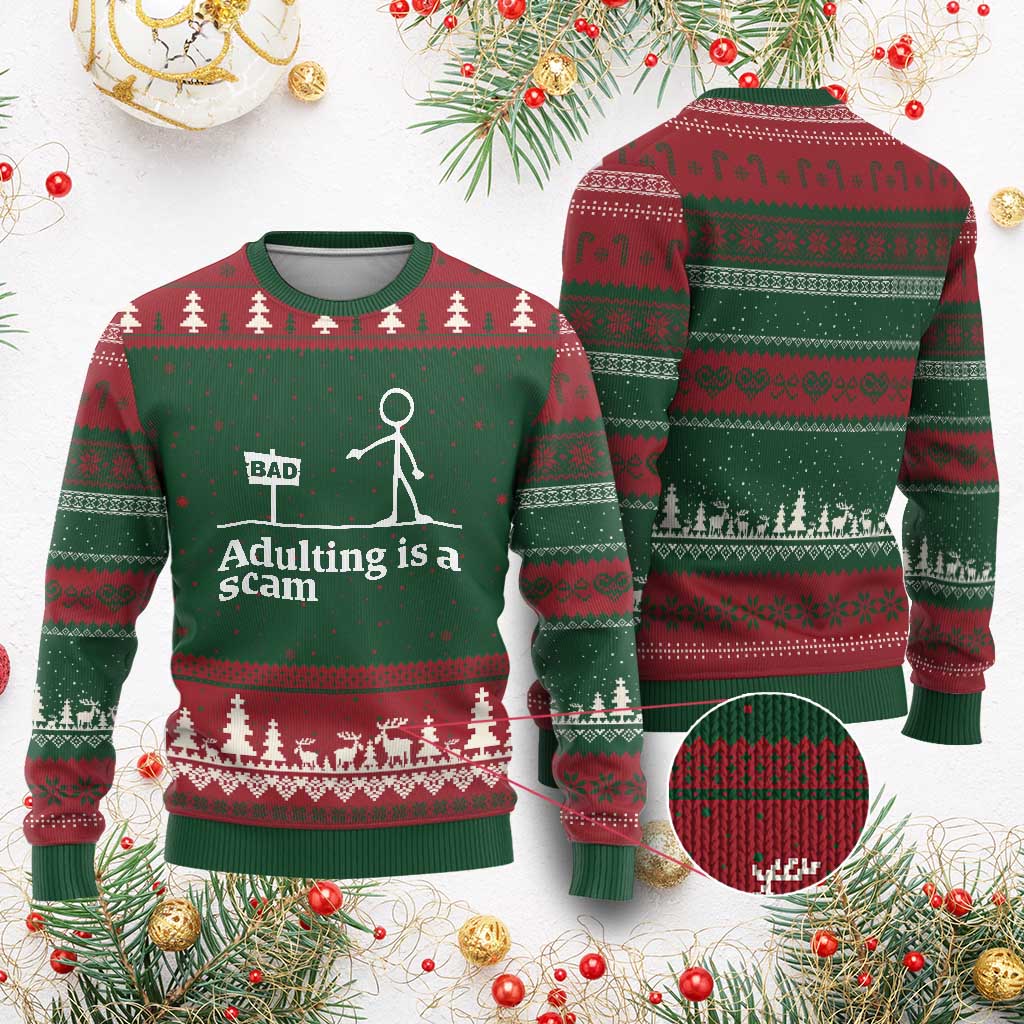 Adulting Is A Scam Ugly Christmas Sweater Funny Quote Adult Humor TS14 Red Green Print Your Wear